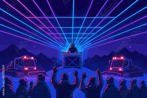 DJ performing at snowy mountain rave with neon lasers