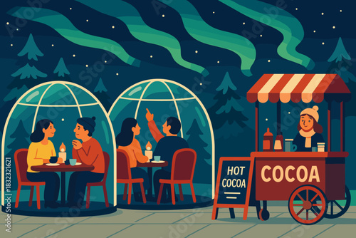 Cozy igloo dining with hot cocoa under northern lights