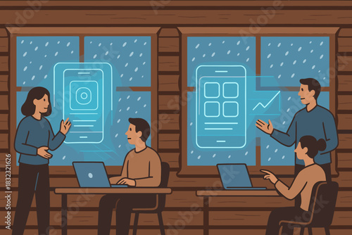 Team designing mobile apps in cozy cabin workspace