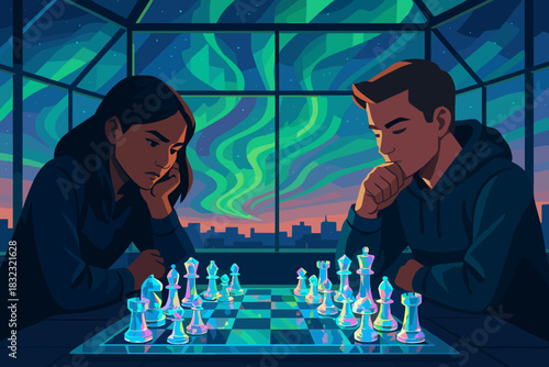 Two people playing chess under aurora night sky