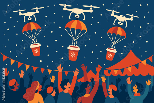 Drones delivering hot drinks at festive winter event