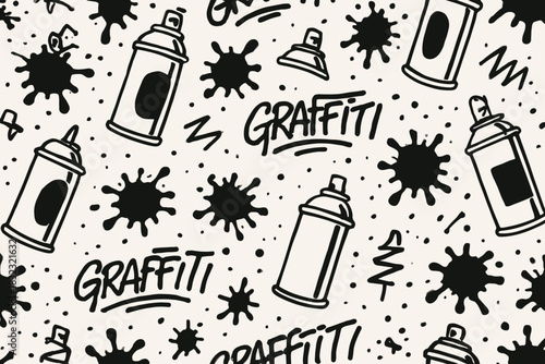 Seamless graffiti pattern with spray cans and paint splatters