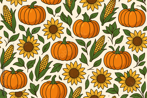 Seamless fall pattern with pumpkins, sunflowers, and corn