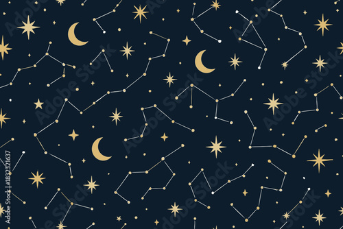 Seamless celestial pattern with stars, constellations, and moons