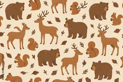 Seamless woodland animals pattern with deer, bears, and squirrels