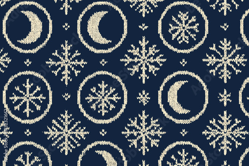 Knitted seamless pattern with snowflakes and crescent moons