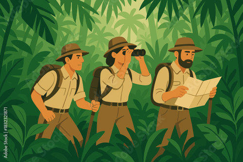 Explorers navigating dense jungle with map and binoculars