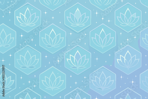 Lotus flower pattern in hexagons with glowing stars on blue