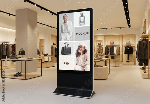 A digital advertising or information screen in a fashion store
