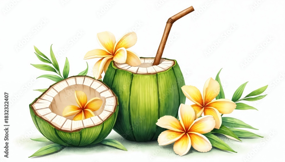 Naklejka premium Watercolor illustration of fresh green coconut with straw plumeria flowers. Tropical beverage concept for summer. Refreshing coco drink for vacation. Healthy natural food isolated on white background.