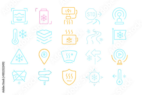 Neon winter travel and safety icons with glowing line style
