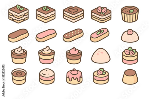Cute cartoon dessert icons with cakes, eclairs and puddings