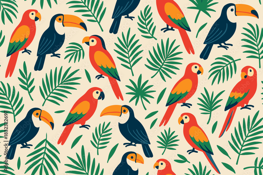 Naklejka premium Seamless pattern with toucans, parrots, and jungle leaves