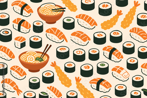 Seamless sushi, ramen, and tempura pattern in flat design