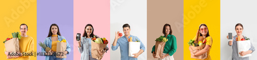 Set of people with grocery ...