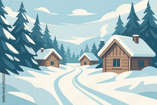 Snow-covered cabins in peaceful winter forest landscape
