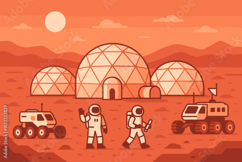 Astronauts exploring Mars base with domes and rovers