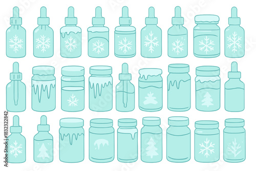 Collection of frosty jars and dropper bottles with winter symbols
