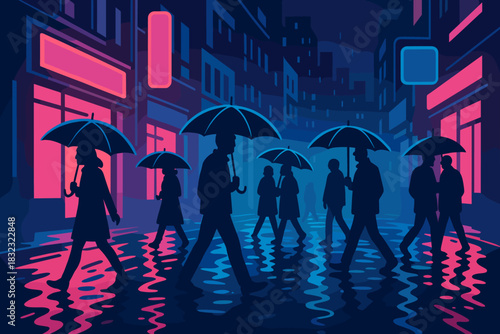 People walking with umbrellas on rainy neon-lit city street