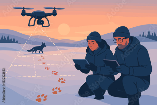 Researchers using drone to track wild animal in snowy landscape