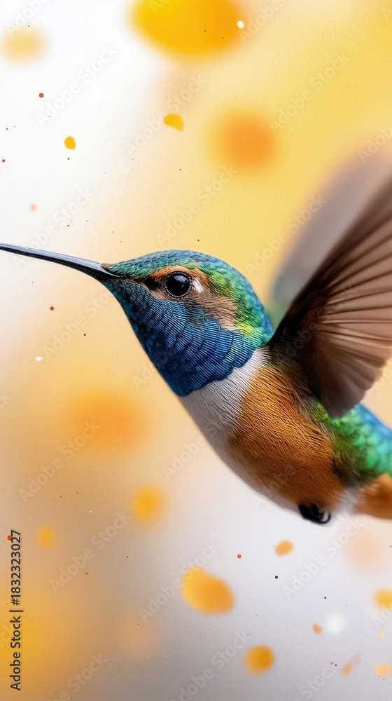 Obraz premium A close-up shot of a hummingbird in mid-flight, showcasing its vibrant plumage against a blurred yellow background.