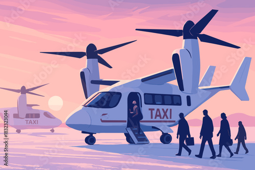 Passengers boarding tiltrotor air taxi at sunrise