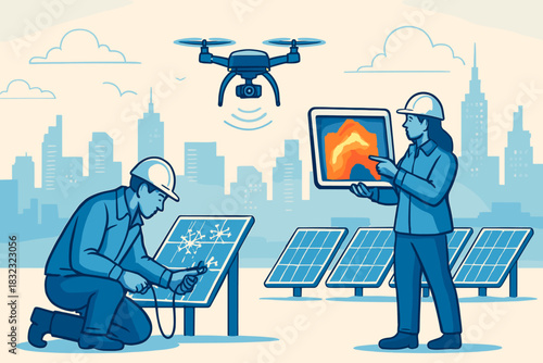 Engineers using drone and tablet to inspect solar panels