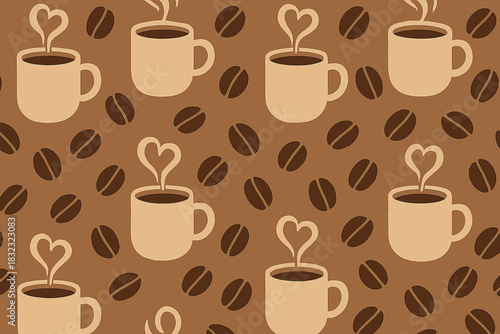 Seamless coffee cup and bean pattern with heart-shaped steam