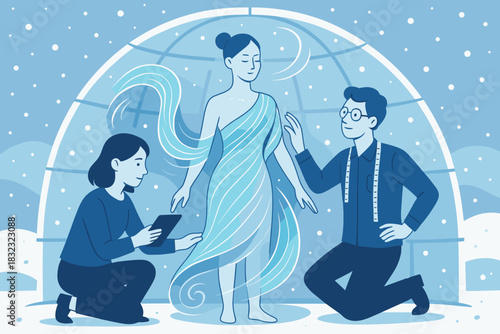 Designers working on virtual dress with hologram mannequin