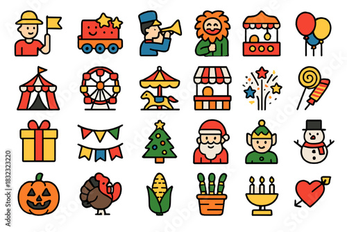 Colorful holiday and festival icon set on blurred background