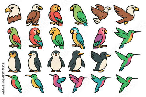 Cartoon bird icon set with parrots, eagles, penguins, and hummingbirds