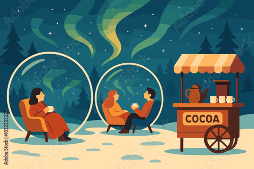 Winter cocoa stand with people relaxing in bubble chairs