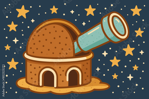 Gingerbread observatory with telescope in starry night sky