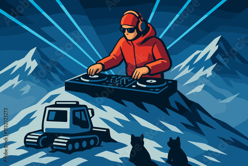 Mountain DJ spinning beats under laser lights with snowcats and cat audience