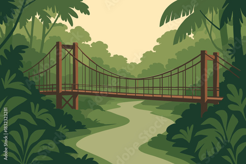 Suspension bridge over winding river in dense jungle