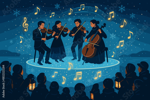 Winter night orchestra performance with string quartet and glowing notes
