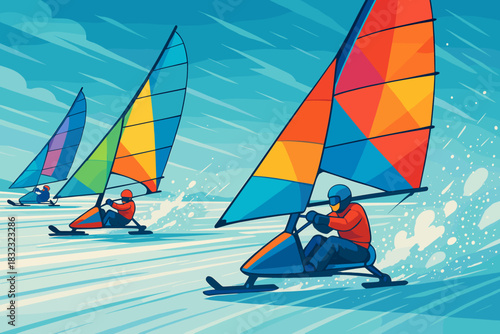 Colorful ice sailing race across frozen landscape