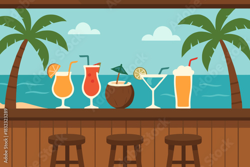 Seaside bar with tropical cocktails and ocean view