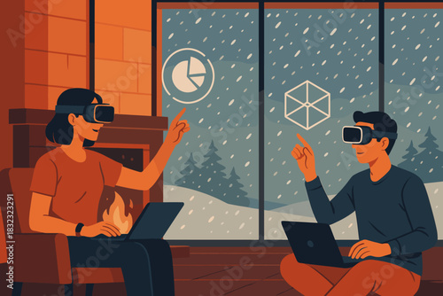 Remote work with virtual reality in a cozy winter cabin