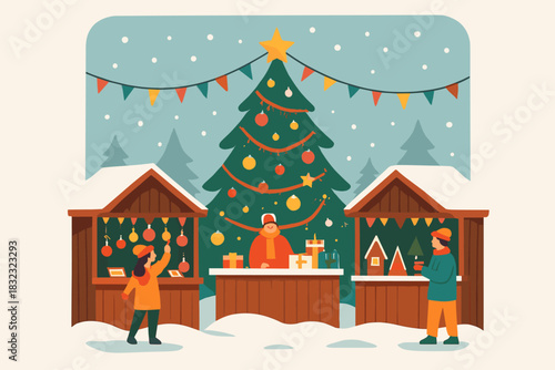 Christmas market scene with decorated stalls, festive tree, and shoppers