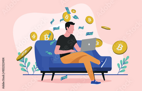 Bitcoin investor trading crypto currency on laptop computer in sofa at home and making money. Flat design vector illustration.
