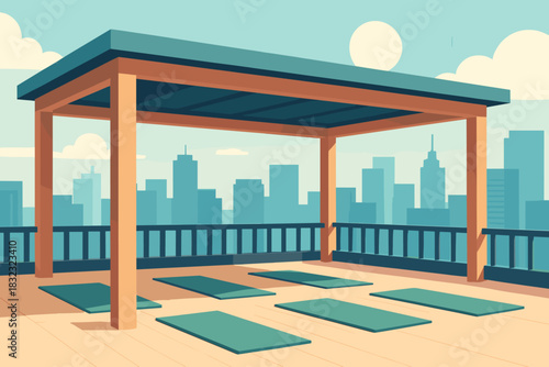 Outdoor rooftop yoga deck with city skyline at sunrise