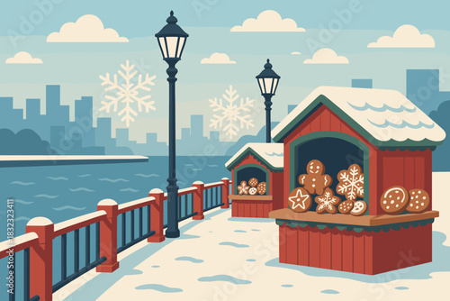 Christmas market cookie stalls by snowy riverside promenade