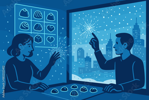 Couple choosing chocolates in futuristic shop with winter view