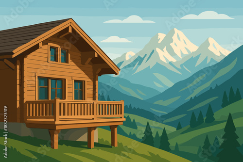 Mountain cabin with scenic view of snowy alpine peaks