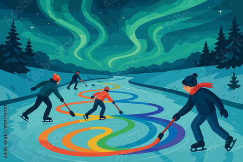 Ice hockey on frozen river with rainbow trails and aurora sky