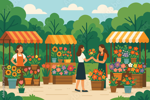 Colorful flower market scene with people buying bouquets