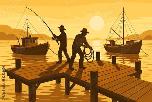 Vintage-style illustration of fishermen on dock at sunrise