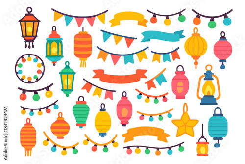 Colorful festive lanterns, garlands, and banners on glowing background