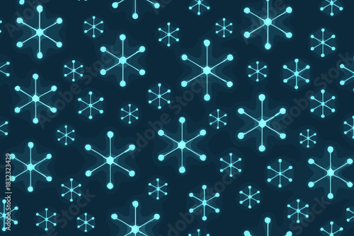 Seamless glowing snowflake pattern with circular tips on dark background